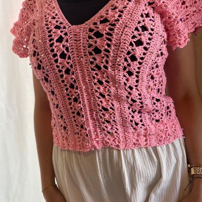 Pembe El Örgüsü Kadın Yazlık Crop Bluz