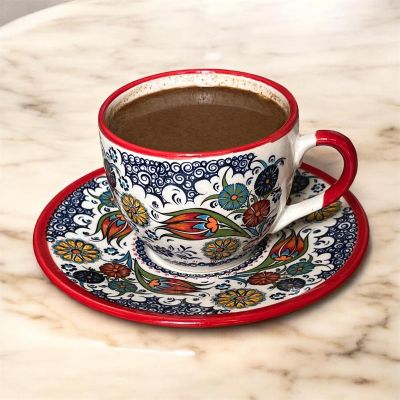 Porselen 2 Kişilik Kahve Fincan Takımı Çinili Kırmızı
